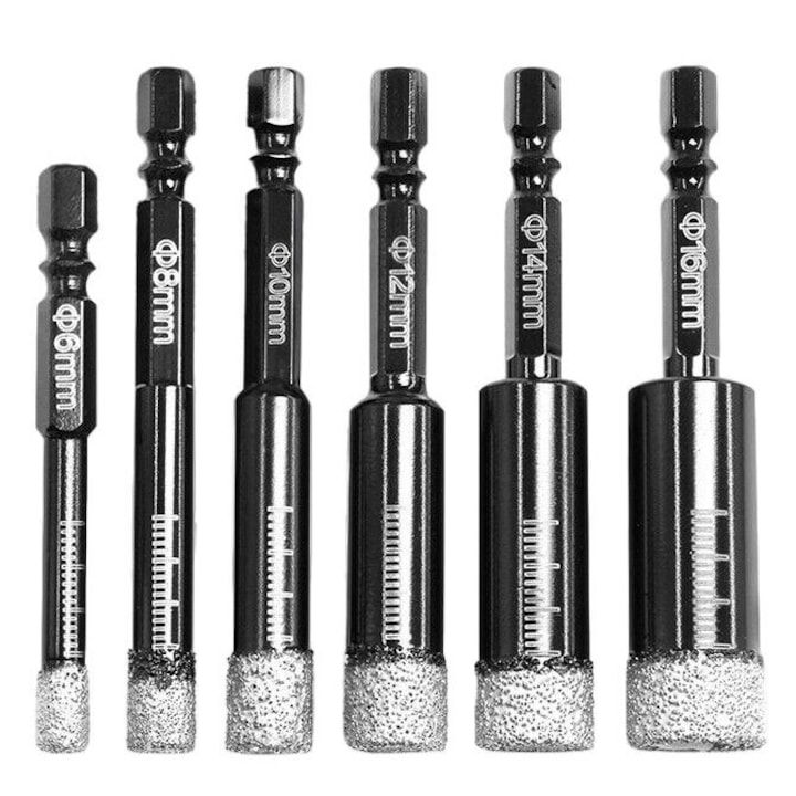 Set 6 burghie cu diamant pentru granit/marmura, Amrinugl, Tija hexagonala 3.15", Diametru 6-16 mm, Negru