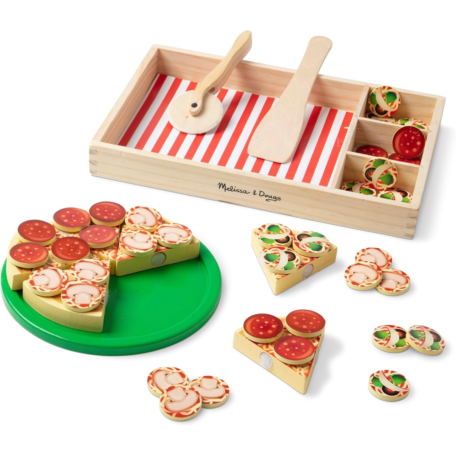 Set jucarie pizza din lemn, Melissa & Doug, 6 felii, 30 toppinguri