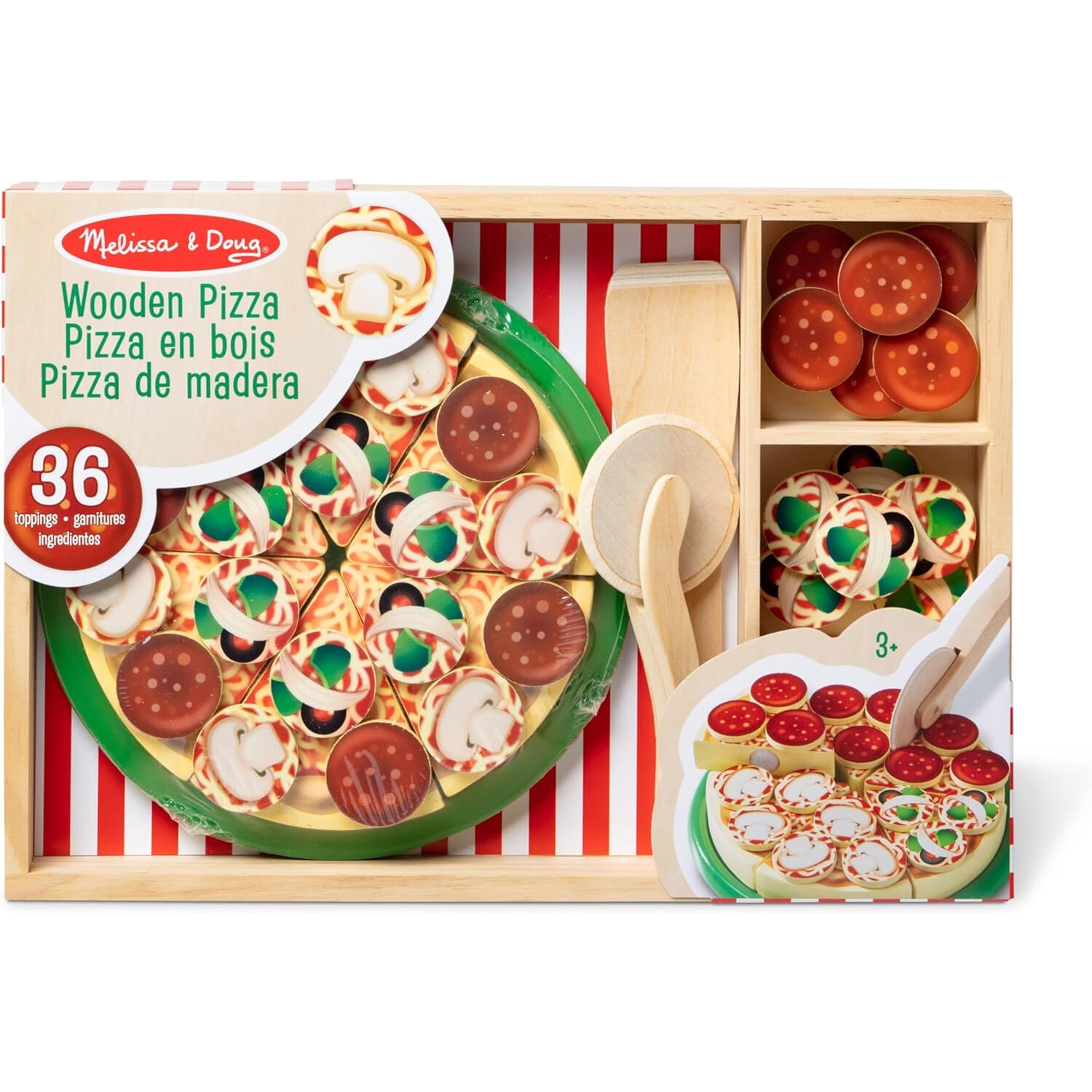 Set jucarie pizza din lemn, Melissa & Doug, 6 felii, 30 toppinguri