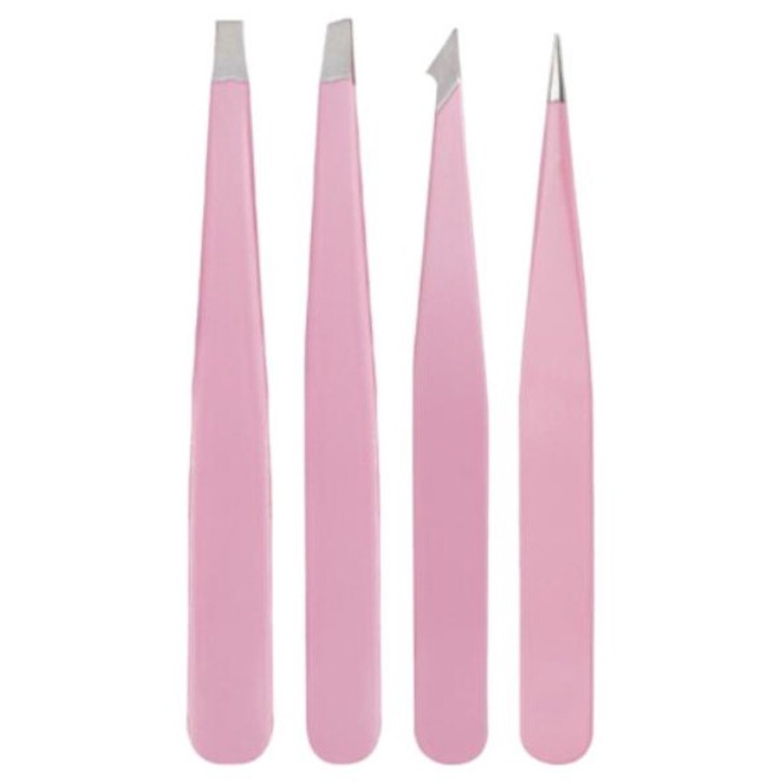 Set de pensete profesionale din otel inoxidabil, Amrinugl, 4 piese, pentru sprancene, roz