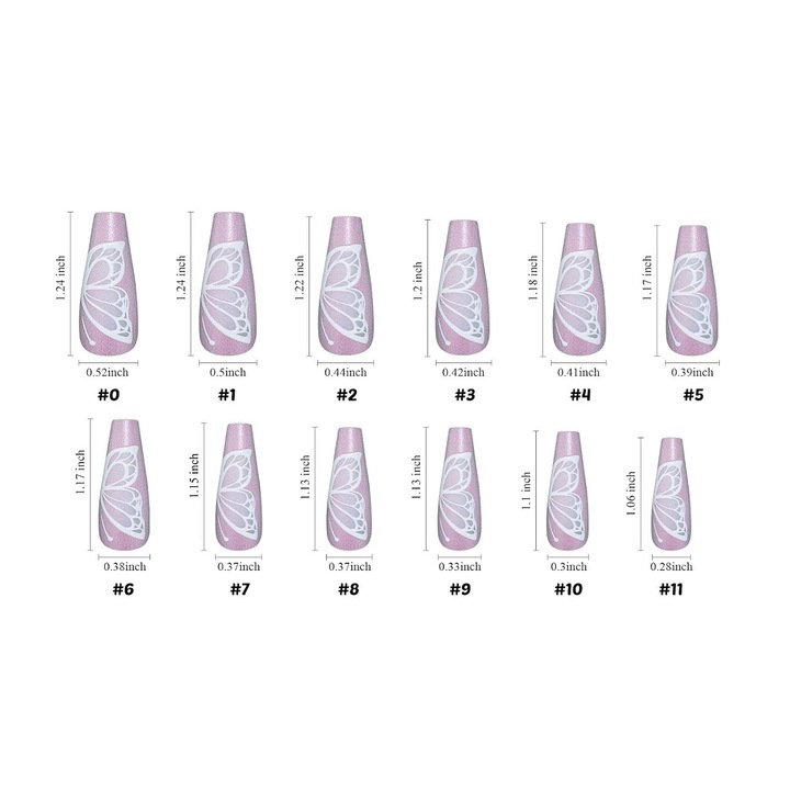 Set 30 unghii false lungi, AMRINUGL, model coffin, design mat cu fluturi 3D, translucide, violet