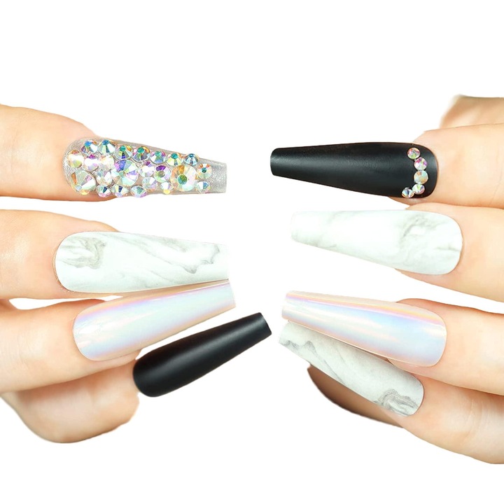 Set 30 unghii false cu strasuri, AMRINUGL, mat, design 3D, negru, diverse dimensiuni