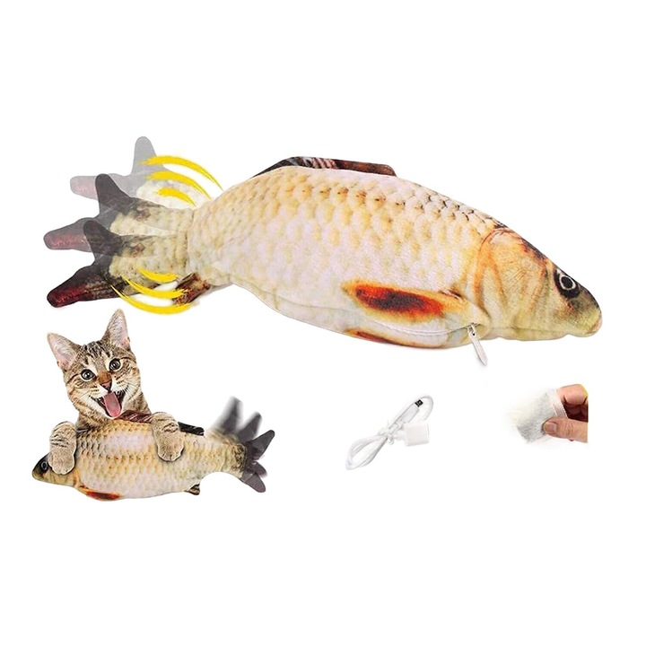 Jucarie electrica pentru pisici, AMRINUGL, peste din plus cu catnip, reincarcabil USB, lavabil, interactiv