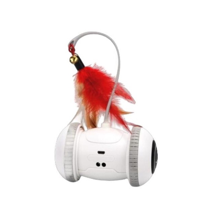 Jucarie interactiva pentru pisici, Amrinugl, ABS, Lumini LED si pene, Rotire 360°, Alb
