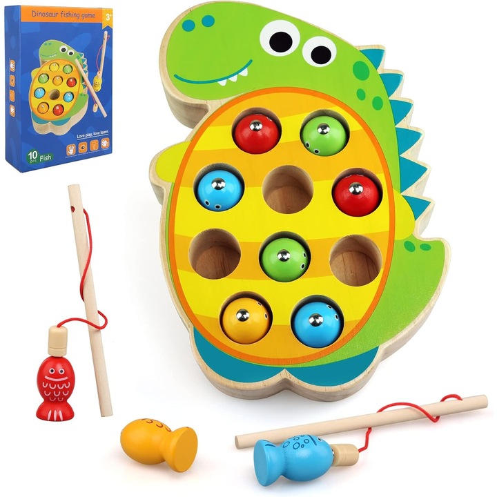 Jucarie interactiva, AMRINUGL, joc de pescuit magnetic, set 14 piese, din lemn, dinozaur, 2x undite, cutie cadou