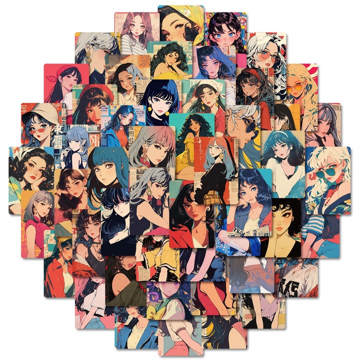 Комплект от 50 декоративни стикера Feicaeesa, графики с анимационни момичета, водоустойчиви, за тетрадки и дневници