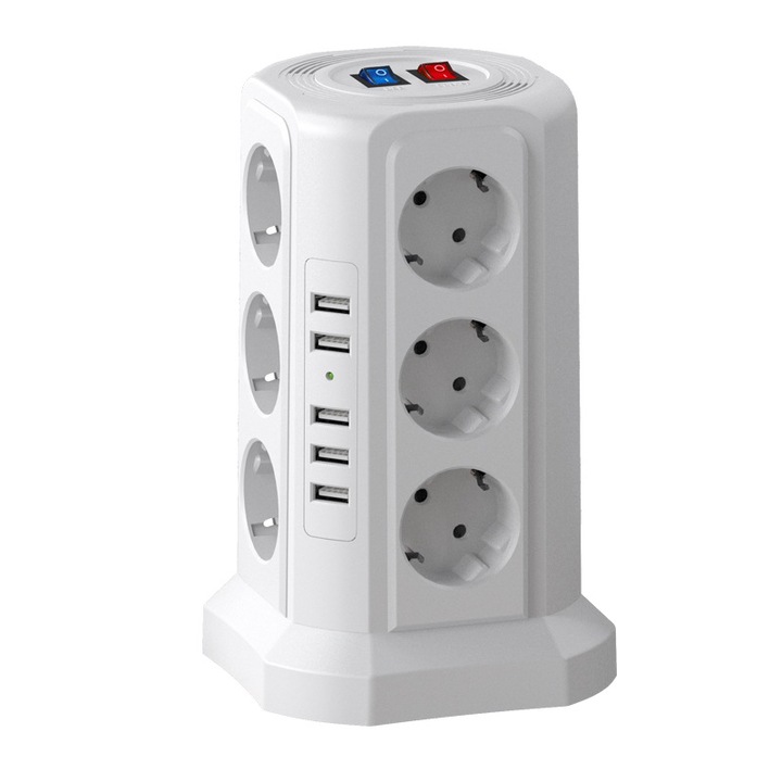 Függőleges hosszabbító kábel 12 aljzattal és 5 USB porttal, 2 kapcsolóval, 2 m kábellel, többszínű