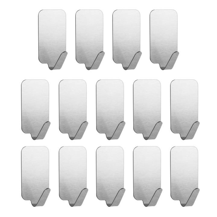 Set 14 agatatori autoadezive din inox pentru perete, rezistente, pentru baie/bucatarie/birou, argintiu