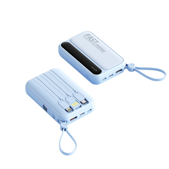 Külső hordozható akkumulátor 20000mAh, 4 integrált kábel, LED képernyő, 250g