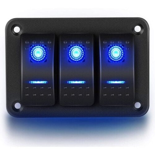 Panou comutator rocker 3 gang BGHYHYHI, aluminiu albastru iluminat