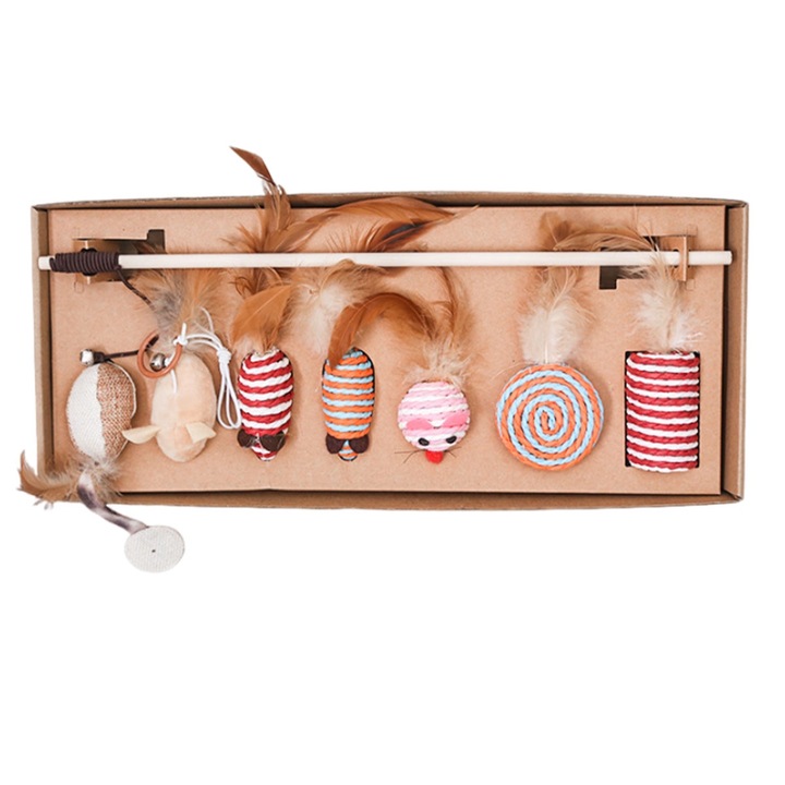 Set jucarii pentru pisici, AMRINUGL, 7 piese, din canepa, cutie de depozitare, 41.5x17.5x5.5cm