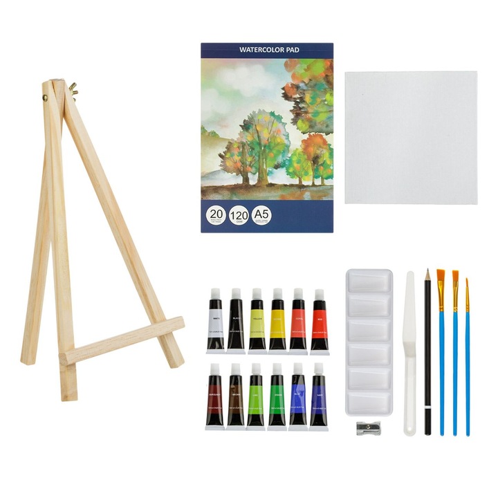 Set Pictura, Acrilic, 42 Piese, Multicolor, Sevalet Lemn, Accesorii Pictura