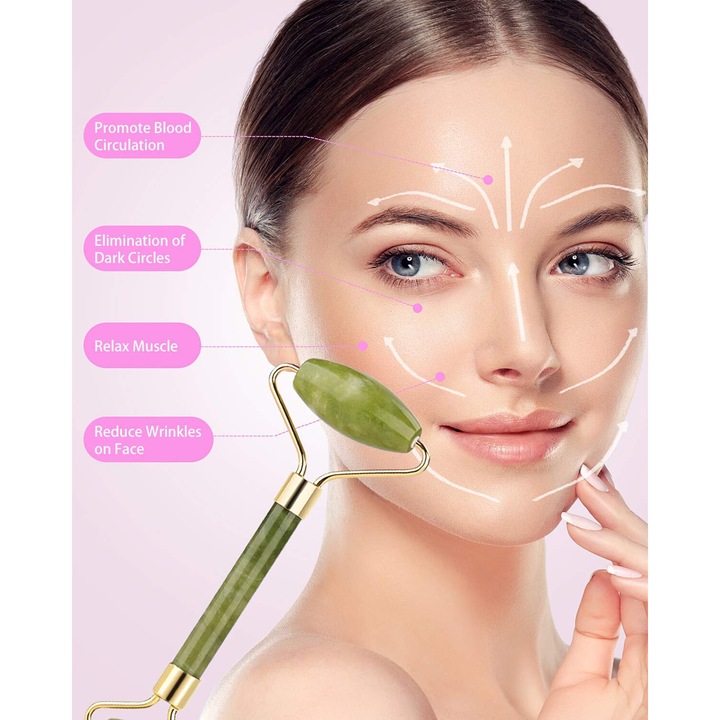 Set de unelte de masaj, Cozevdnt, Roller facial din jad si placa Gua Sha, 3 in 1, pentru reducerea inflamatiei, multicolor