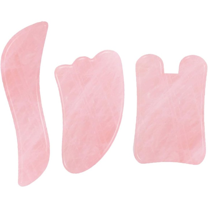 Set 3 Piese Gua Sha din Jad Roz pentru Masaj Facial si Corp, Cozevdnt, Terapie Acupresura
