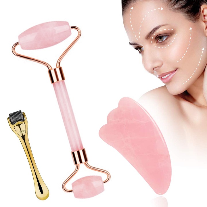 Set 3 piese masaj cu roller din jad, Cozevdnt, anti-imbatranire, relaxare muschi, roz