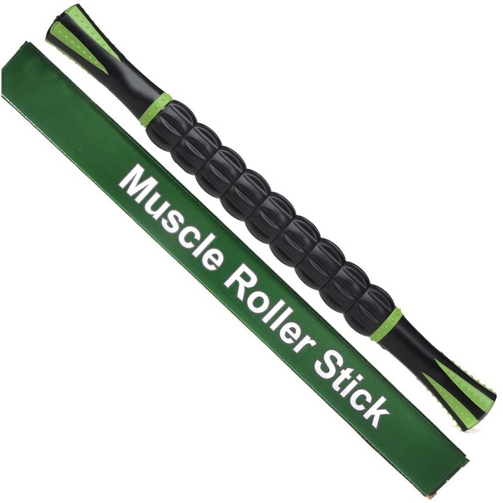 Baston de masaj pentru muschi, Cozevdnt, 17.5 inch, 9 role terapeutice, negru/verde