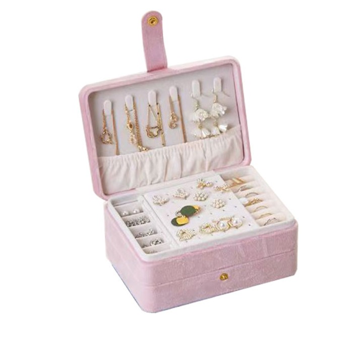Cutie de bijuterii pentru femei din plus, dublu strat, folosita pentru coliere, cercei, bratari, design rafinat si simplu, 16,5x11,5x8cm, roz