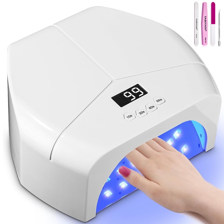 UV LED лампа за нокти, BYONDSELF®, шлифовъчна лента, 72 UV светодиода, 298 W, с 4 таймера, екстремно бързо изсушаване, интелигентни сензори, за салонен маникюр, бяла