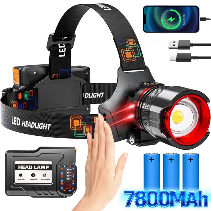 Lanterna Frontala, BYONDSELF®, Zoom Telescopic, 7800mah, 1600lm, 1000m, 5 Moduri de Lumina, Rotire 90 Grade, Power Bank, IPX6, Rosu/Negru