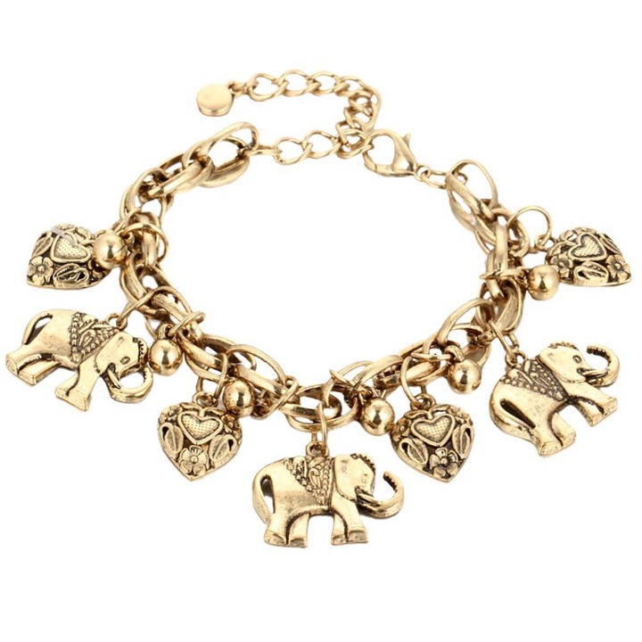 Bratara de glezna vintage cu pandantiv elefant, AMRINUGL, argintie/bronze, 24cm, 30.16g