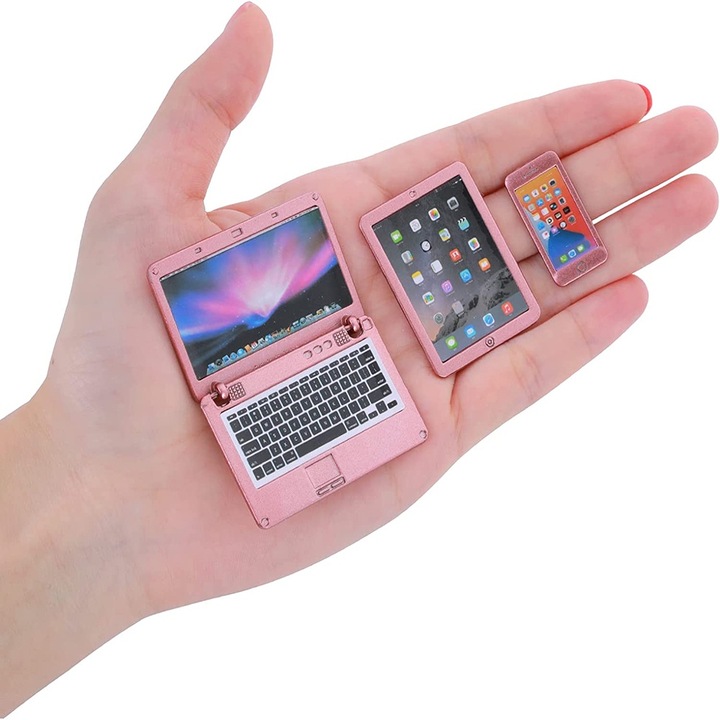 Set 3 piese accesorii jucarie - laptop miniatura, telefon mobil mini, tava simulare, roz auriu