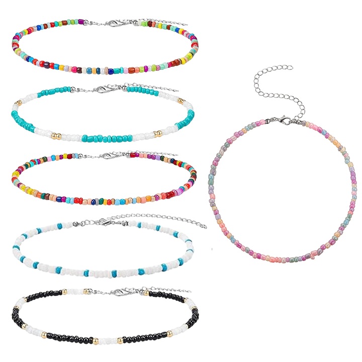Set de 6 coliere cu perle colorate, AMRINUGL, design ajustabil 30x40cm, multicolor