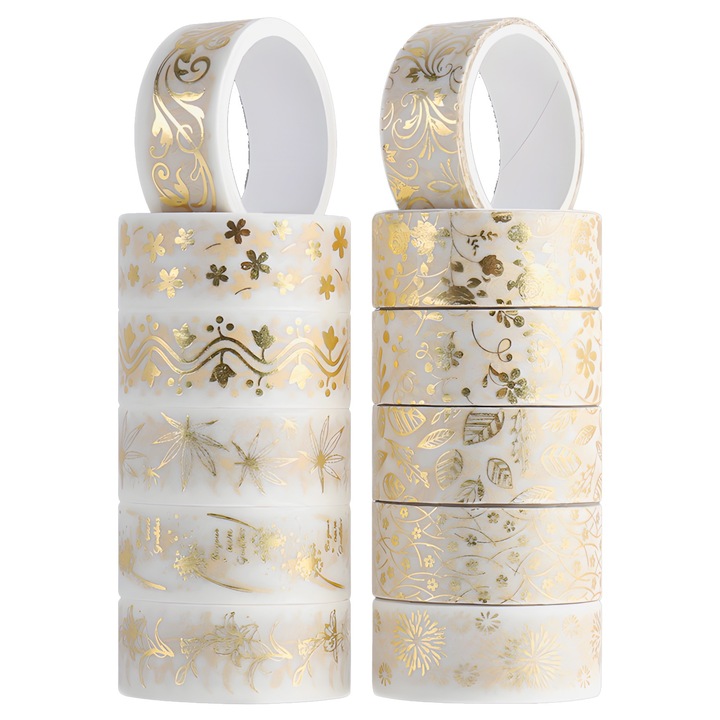 Set de 12 Role Banda Adeziva Washi pentru Decor si Ambalare Cadouri, Model Flori Aurii, Auriu, 2 m x 1.5 cm
