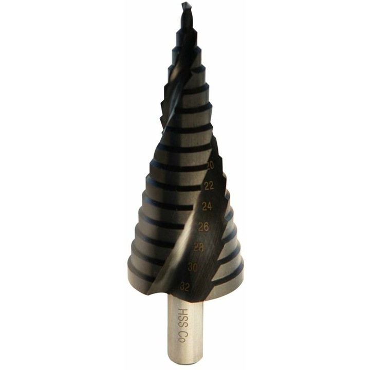 Burghiu conic pentru metal/PVC, Amrinugl, Otel, 15 trepte, 4-32mm, Rezistenta la caldura, Negru/Argintiu