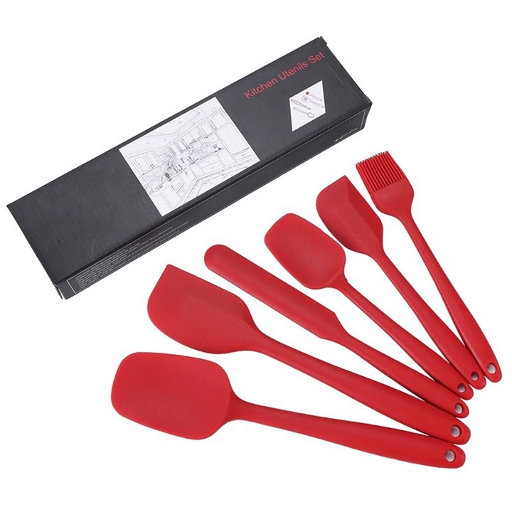 Set de ustensile de bucatarie din 6 piese, Axroad Mall, Silicon alimentar, rezistent la caldura, antiaderenta, Design gauri de agatat, Usor de curatat, Design integrat, Maner confortabil, Fara zgomot, Rosu