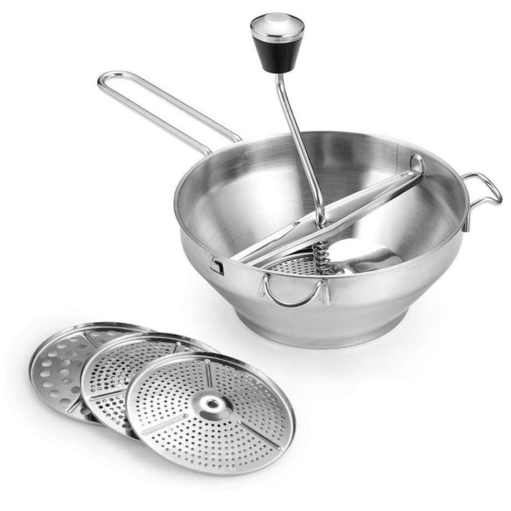 Presa pentru piure de legume si fructe, Axroad Mall, Robusta si durabila, Usor de curatat, Design ergonomic, Manere anti-alunecare si minge rotunda, Cu 3 discouri de moare interschimbabile, Inox, 33 x 19 x 20cm, Argintiu