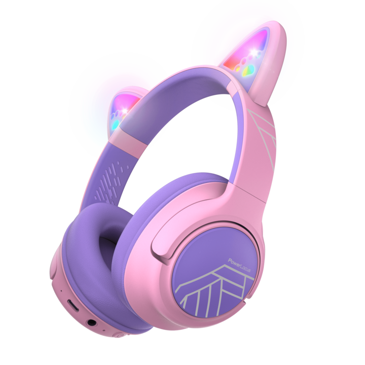 Детски безжични слушалки PowerLocus Bobo с Уши, Ограничена сила на звука 74/85/94dB, Bluetooth 5.3, HiFi, LED светлини, Опция за Споделяне на Аудио, Калъф за съхранение, Розов/Лилав