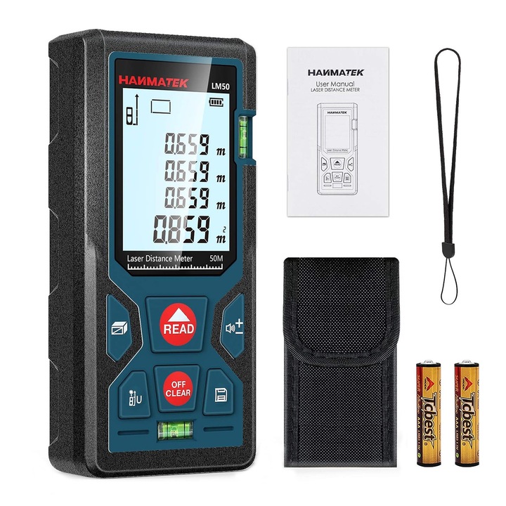 Далекомер с лазер, 50 m, точност +/- 1.5mm, IP54 защита (дъжд и прах), JENUOS, предпазна чанта, презрамка за носене, 2 батерии 1.5 V (AAA), черна/синя