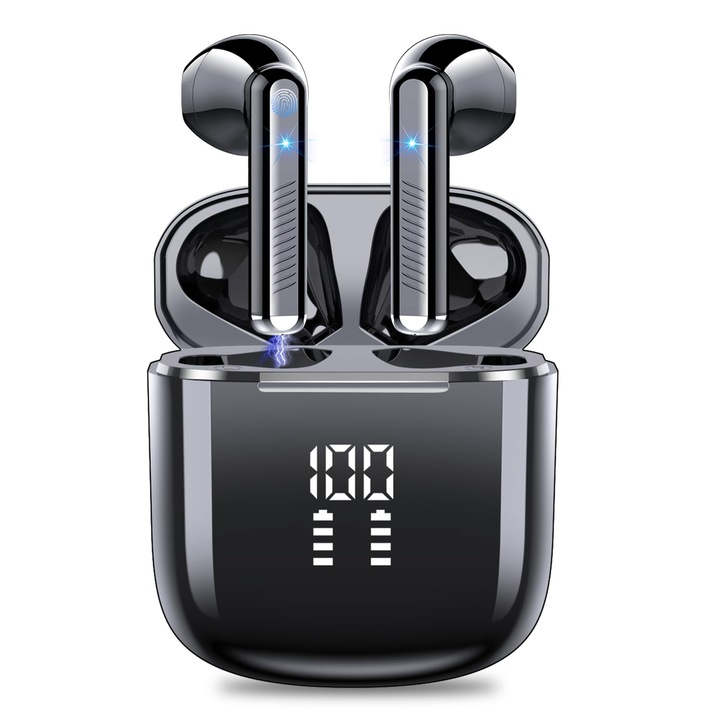 FOSMET® безжични Bluetooth слушалки, Bluetooth 5.3 безжични спортни аудио слушалки за игри, HiFi стерео Bluetooth слушалки, ENC шумопотискане, сензорно управление, LED цифров дисплей, 30 часа възпроизвеждане, бързо зареждане, IP7 водоустойчив, черен