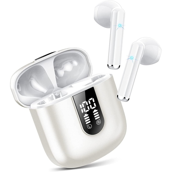 FOSMET® безжични Bluetooth слушалки, Bluetooth 5.3 безжични спортни аудио слушалки за игри, HiFi стерео Bluetooth слушалки, ENC шумопотискане, сензорно управление, LED цифров дисплей, 30 часа възпроизвеждане, бързо зареждане, IP7 водоустойчив, бял