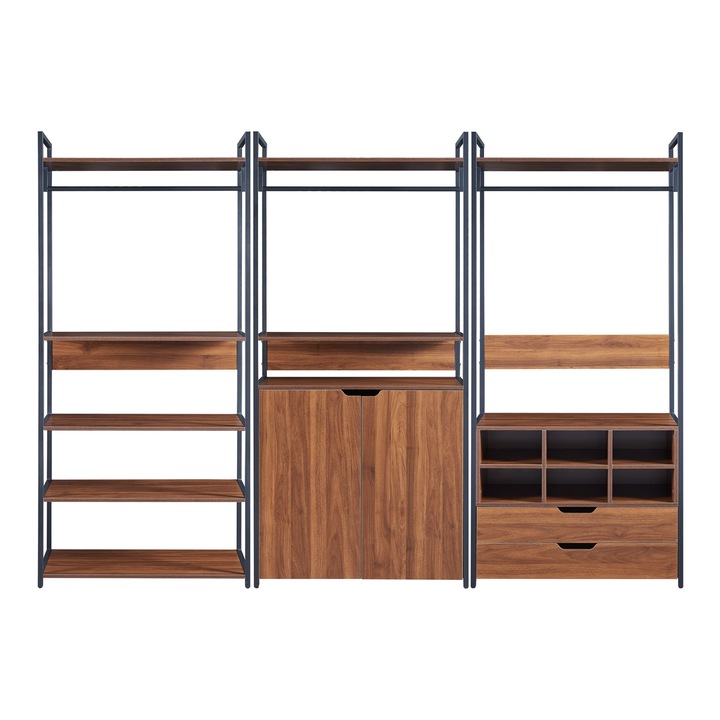 Set 3 suporturi haine, en.casa, Larem 2, 180 x 84 x 40 cm, metal, mdf, negru, nuc, cu 1 dulap, 2 sertare si 6 compartimente