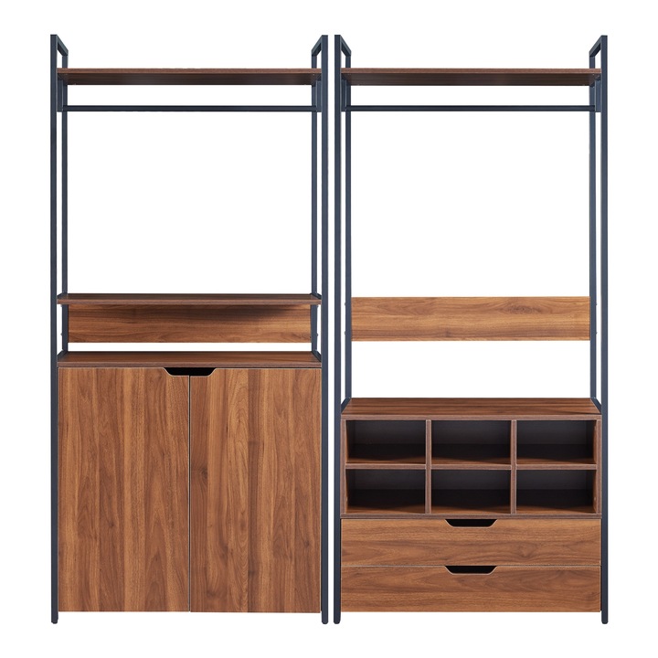 Set 2 suporturi haine, en.casa, Larem 5, 180 x 84 x 40 cm, metal, mdf, negru, nuc, cu 1 dulap, 2 sertare si 6 compartimente