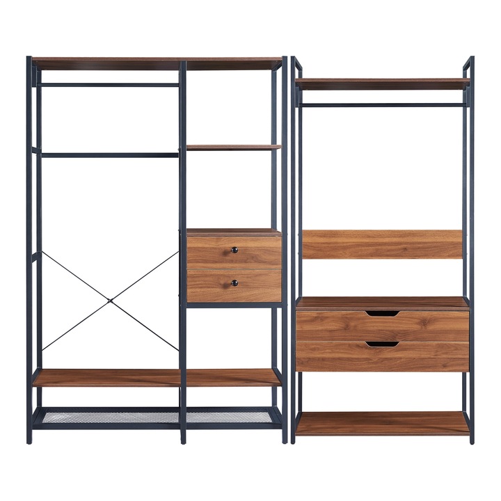 Set 2 suporturi haine, en.casa, Larem 3, 180 x 120 x 40 cm, metal, mdf, negru, nuc, cu 4 sertare, masuri diferite