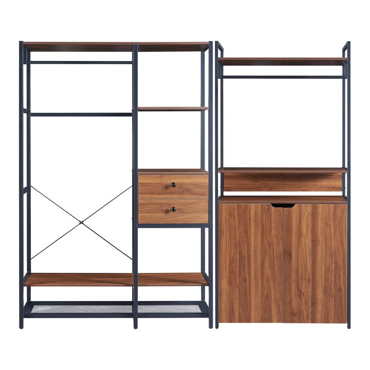 Set 2 suporturi haine, en.casa, Larem 2, 180 x 120 x 40 cm, metal, mdf, negru, nuc, cu 2 sertare si 1 dulap, masuri diferite