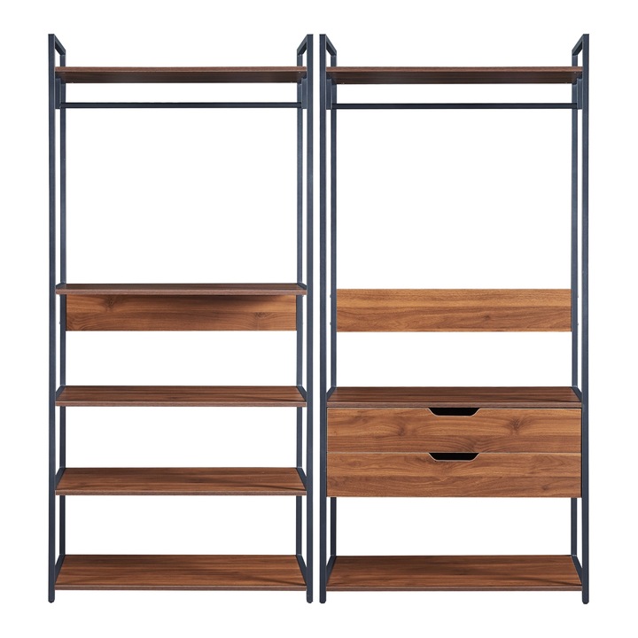 Set 2 suporturi haine, en.casa, Larem 2, 180 x 84 x 40 cm, metal, mdf, negru, nuc, cu 2 sertare si 7 rafturi