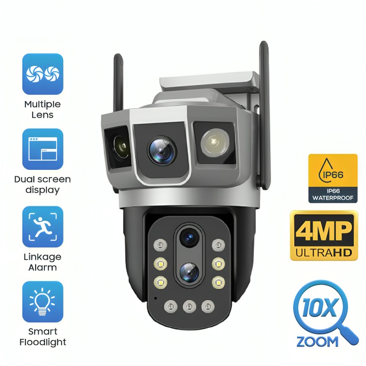 Camera supraveghere Smart QSQ4 Zoom Optic 10X, Wifi, Rotire 350/ Inclinare 90, Dual Camera Lens, Rezolutie 4MP, Urmarirea miscarii umane, Detectarea miscarii, IR, Unghi larg, Onvif, Audio bidirectional, Detectarea fetei, IP66
