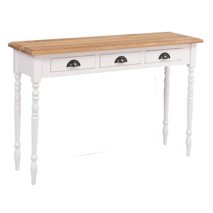 Consola cu picioare strunjite, 3 sertare, blat stejar, culoare blat maro deschis P089, culoare corp alb murdar P039, dublu color, 100% lemn masiv, 120x35x79 cm