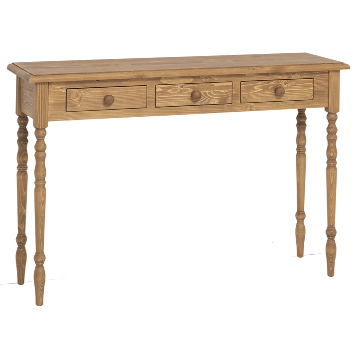 Consola cu picioare strunjite, 3 sertare, culoare maro deschis P001, ceruit, 100% lemn masiv, 120x35x79 cm