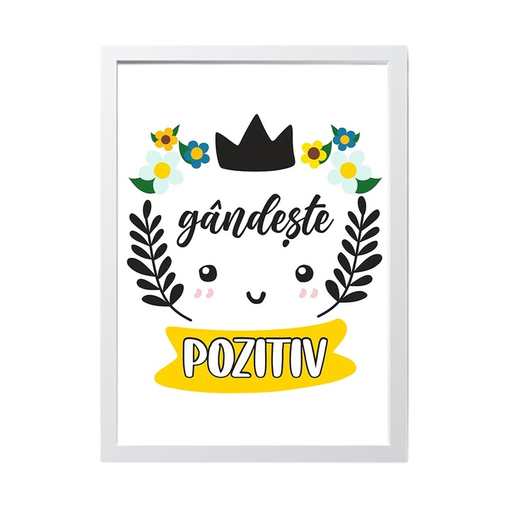 Tablou decorativ cu mesaj: Gandeste pozitiv, Alb, 30x20cm, Educativ pentru scoli, gradinite, camera copii