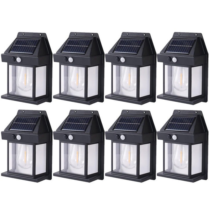 Set 8 x lampa solara de exterior cu bec NEXTLY, 3 moduri de functionare, senzori de miscare si lumina, stare de veghe, lumina calda, waterproof, negru