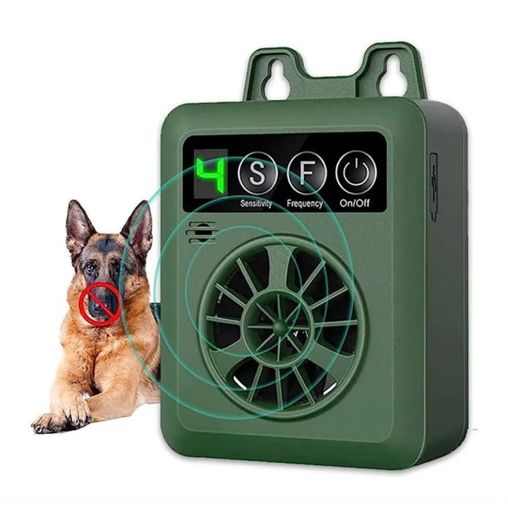 Dispozitiv Profesional Ultrasonic Anti-Latrat KALEPO®, 4 Trepte De Intensitate, Frecventa Reglabila Si Sensibilitate Ajustabila, Display Digital, Incarcare USB, Pentru Interior/Exterior, Eficient Pentru Toate Taliile, Distanta Maxima 15m, Material ABS