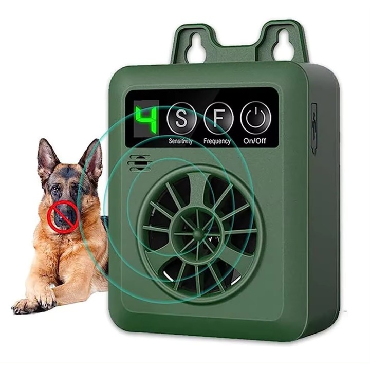 Dispozitiv Profesional Ultrasonic Anti-Latrat KALEPO®, 4 Trepte De Intensitate, Frecventa Reglabila Si Sensibilitate Ajustabila, Display Digital, Incarcare USB, Pentru Interior/Exterior, Eficient Pentru Toate Taliile, Distanta Maxima 15m, Material ABS