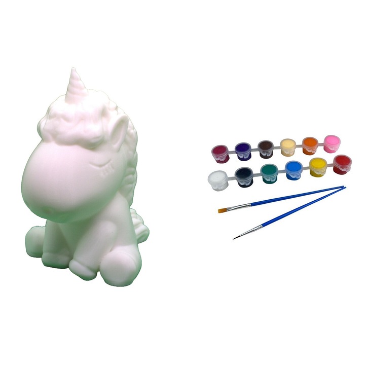 Комплект фигурка еднорог за рисуване, 3D принт, матово бяло, височина 10 см, биоразградим и екологичен материал и 12 акрилни цвята 5 мл, с 2 четки, IMALDI PRO