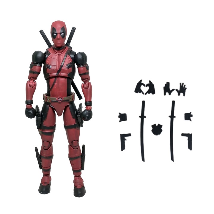 Съчленена фигура на робот DeadPool, Marvel, с аксесоари, Червен, Черен, 3D принтирана пластмаса, 150x60x32 mm, IMALDI PRO
