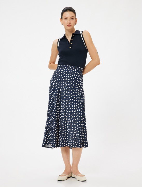 KOTON, Fusta midi evazata cu buline, Bleumarin