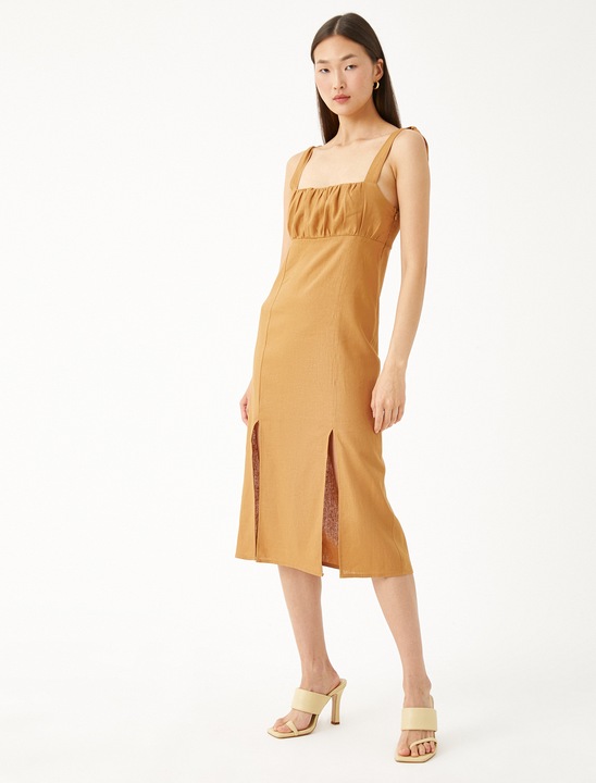 KOTON, Rochie cu croiala empire si slituri frontale, Maro, XS